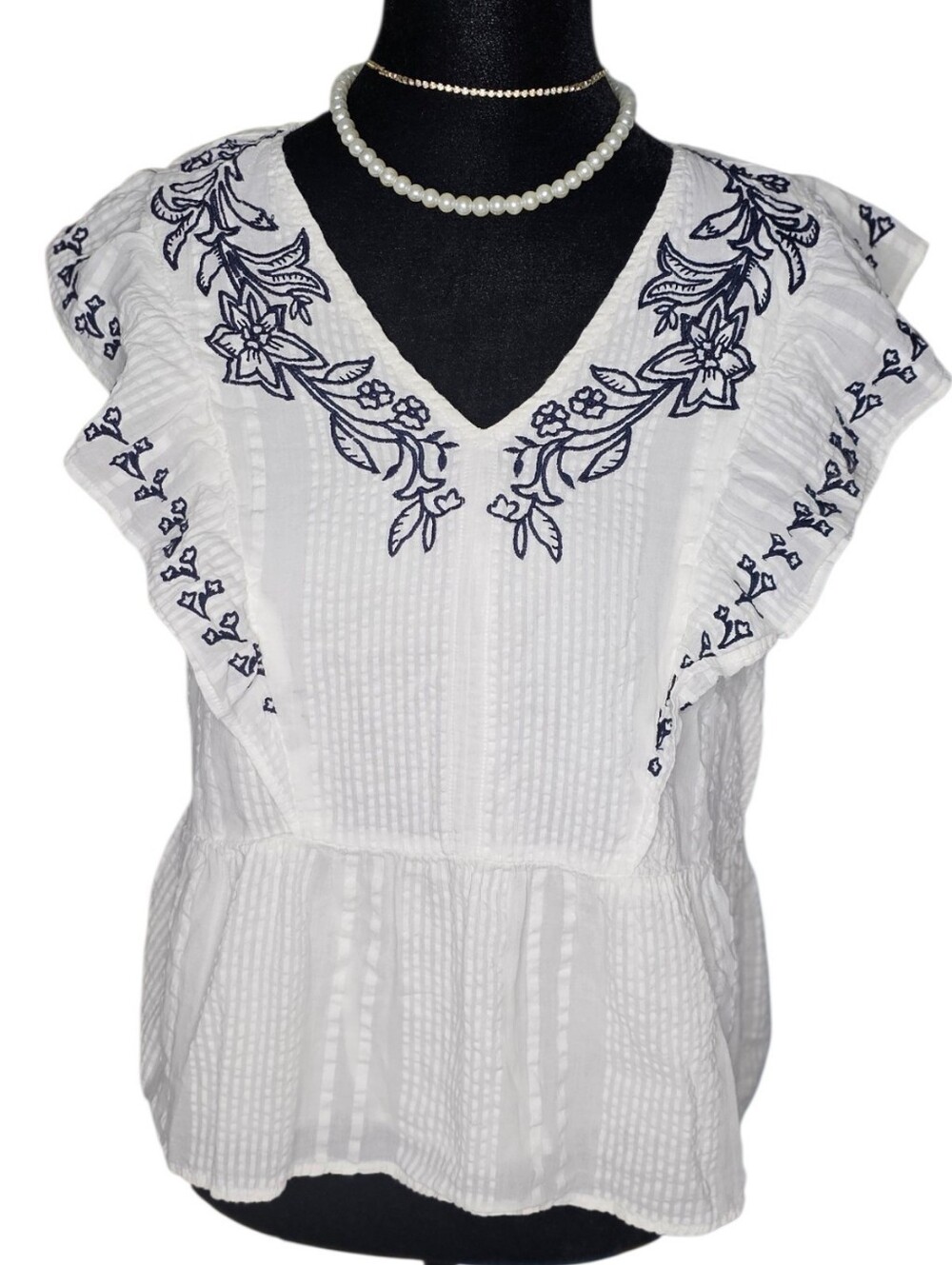 LOFT White Blouse with Navy Embroidery